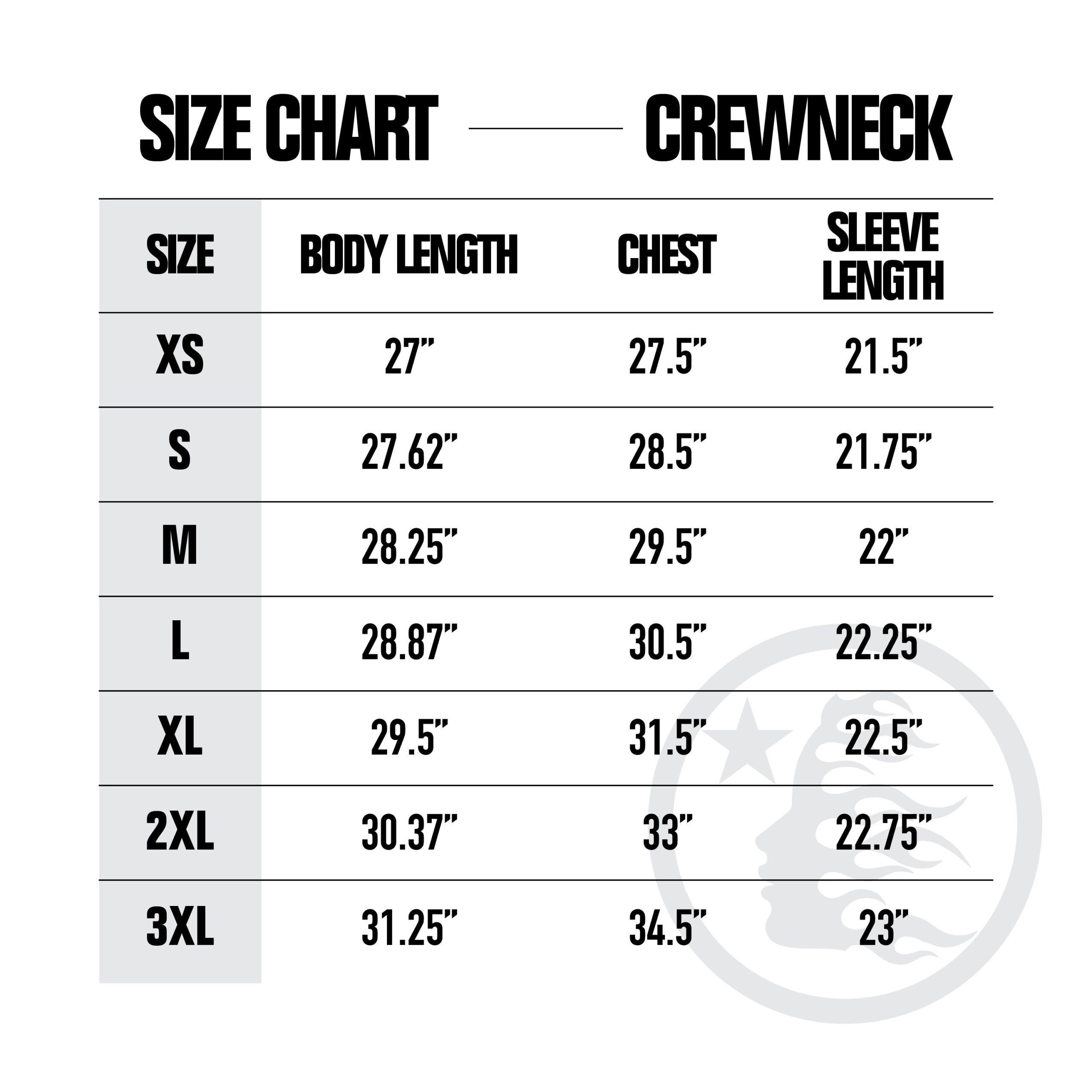 Hellstar crewnecks size chart in inches