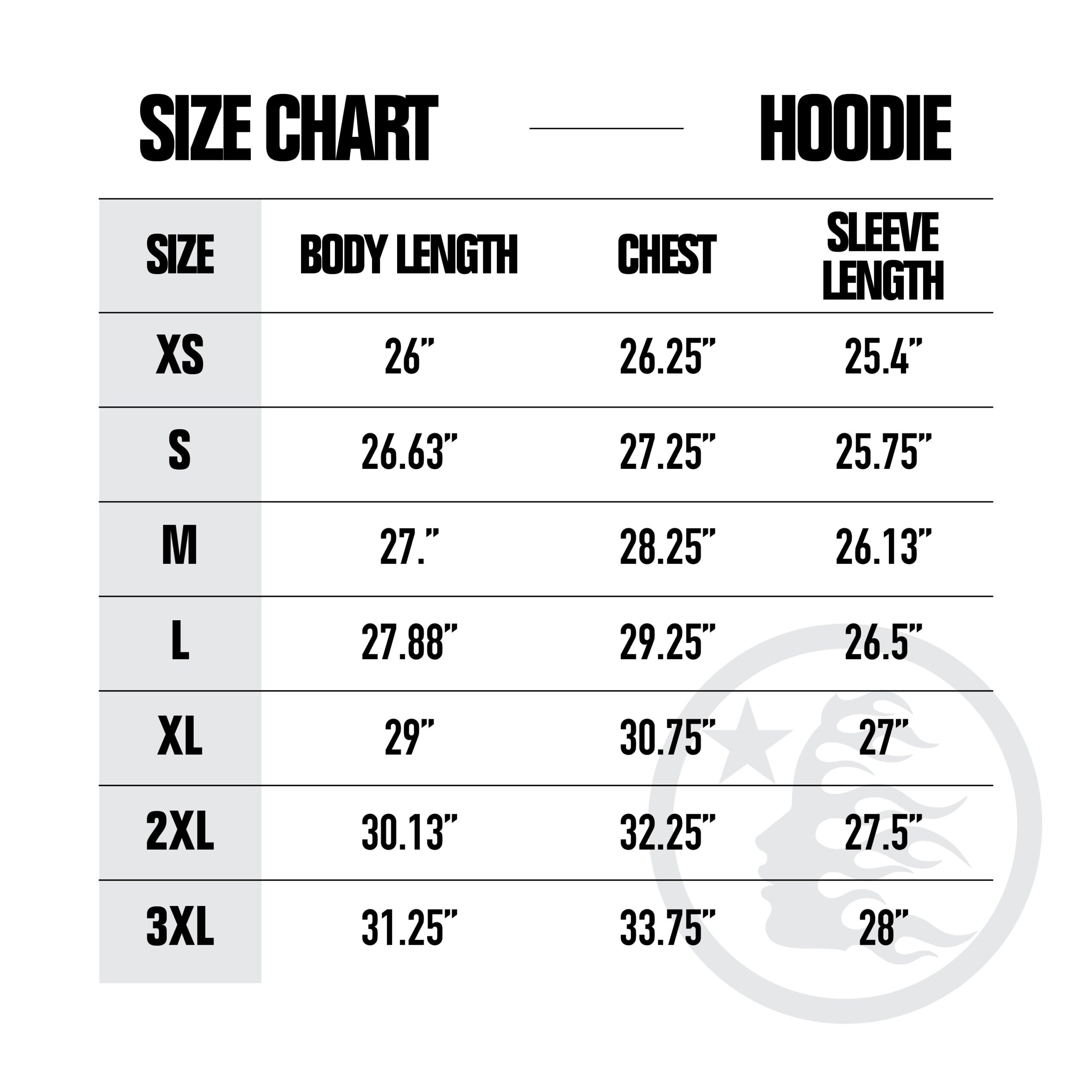 Hellstar hoodies size chart in inches