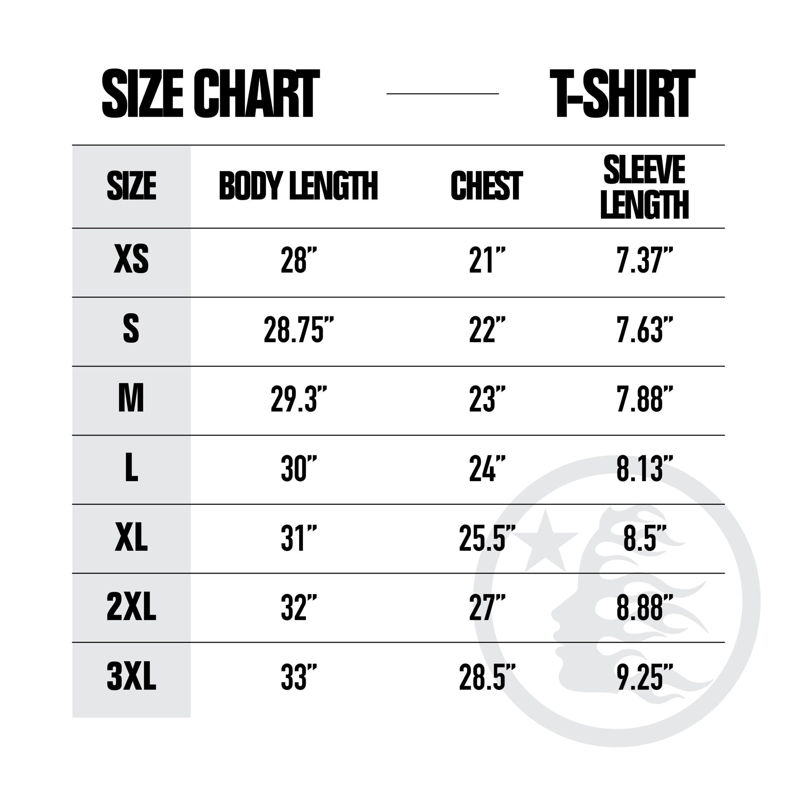 Hellstar t-shirts size chart in inches