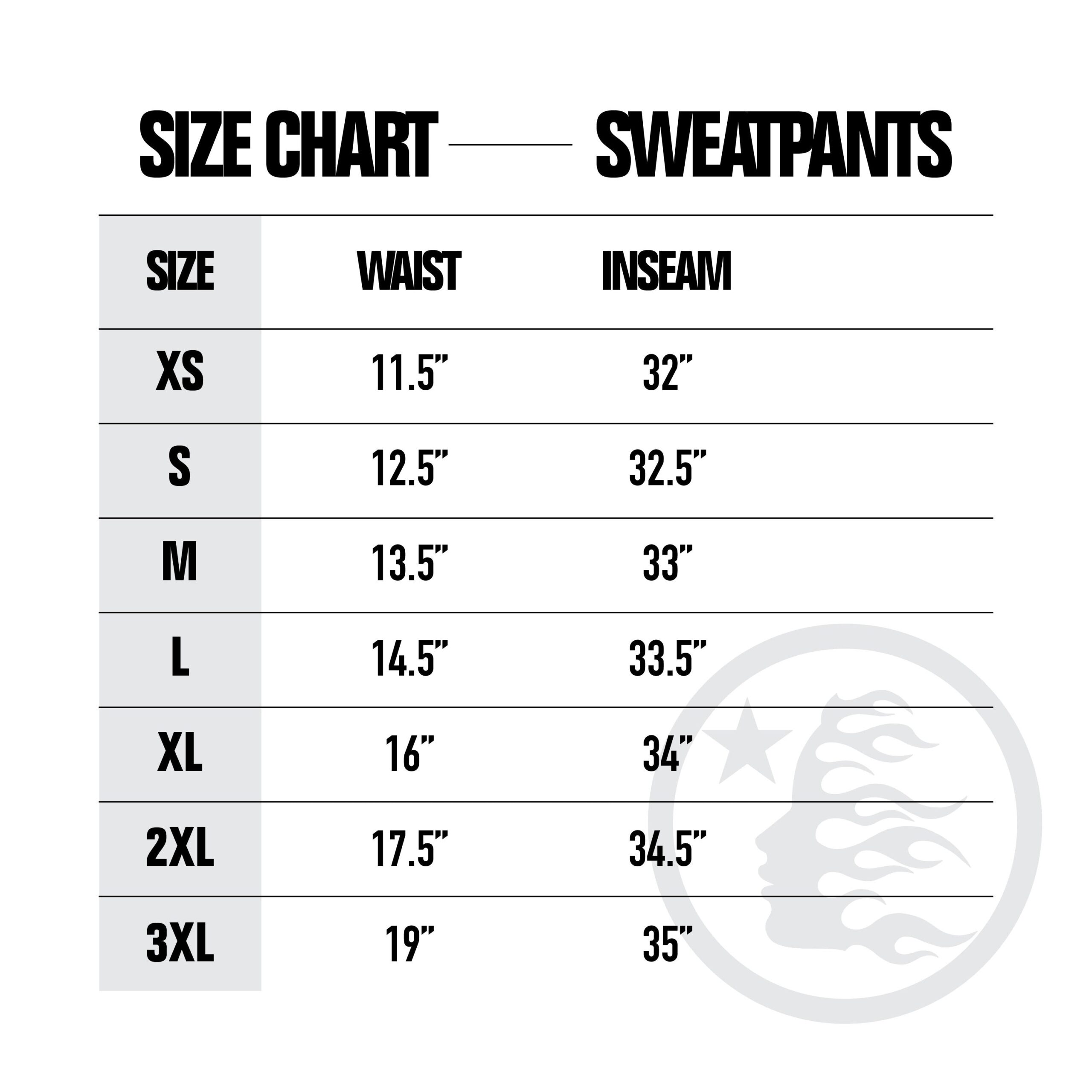 Hellstar sweatpants size chart in inches